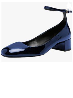 FSJ Blue Block Low Heel Pumps Round Toe Ankle Strap Comfortable Wedding Shoes